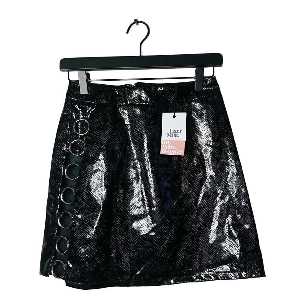 TIGER MIST Black Snakeskin Faux Mini Silver Circle Side Detail Skirt Size Small